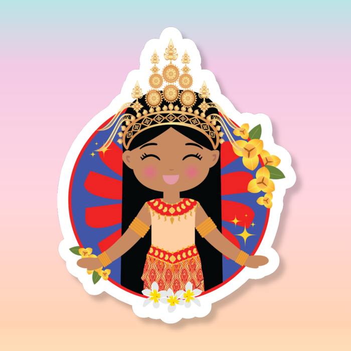 Cambodian Cultural Celebration die-cut sticker featuring a smiling girl with long black hair, wearing a sampot skirt and a regal mokot ksatrey crown, set against a circular red and blue sunburst background adorned with champei and yellow flowers.