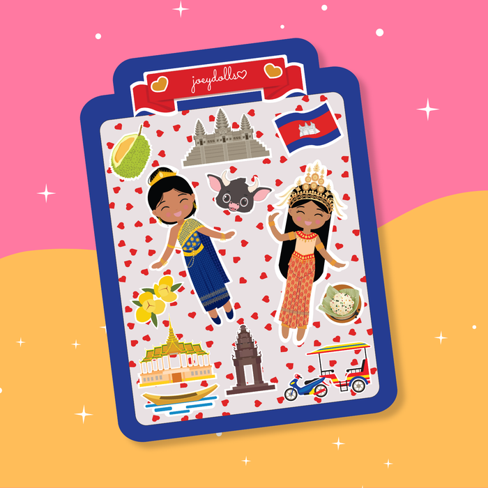 Cambodian Cultural sticker sheet featuring two girls wearing traditional Cambodian outfits, along with Cambodian cultural elements such as Angkor Wat, the Cambodian flag, traditional food, flowers, animals, and other festive icons, illustrated in a cute and playful style.