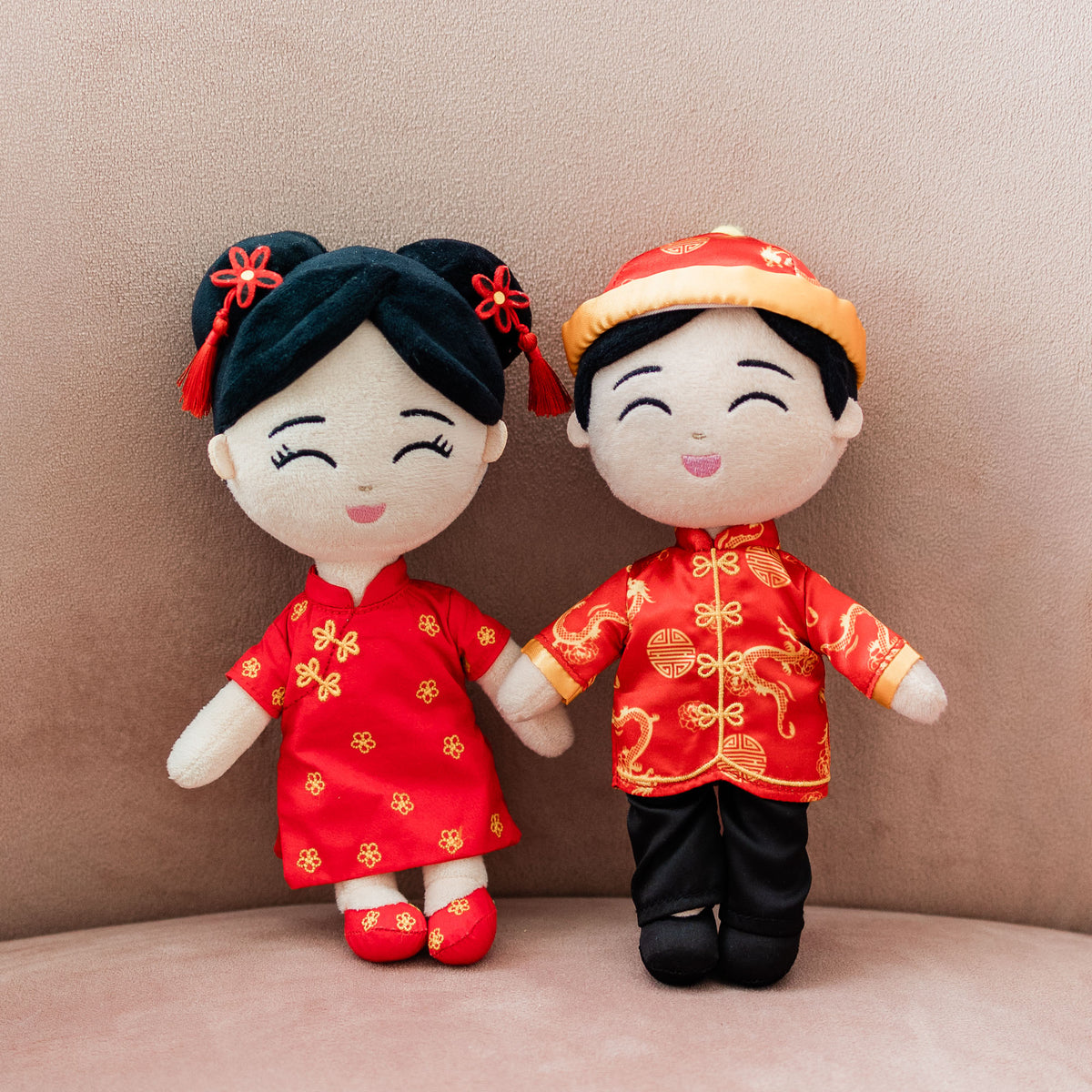 Joeydolls Mei in a red qipao with gold blossoms and Jun in a red tang jacket, Chinese mini dolls side by side