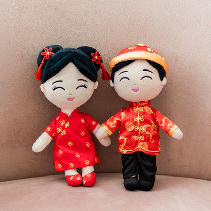 Joeydolls Mei in a red qipao with gold blossoms and Jun in a red tang jacket, Chinese mini dolls side by side