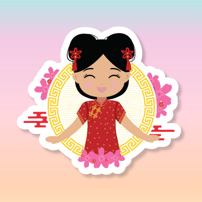 Chinese Cultural Celebration die-cut sticker featuring a smiling girl with her hair in two buns adorned with red accessories, wearing a vibrant red and gold qipao, set against a circular gold pattern with floral elements.