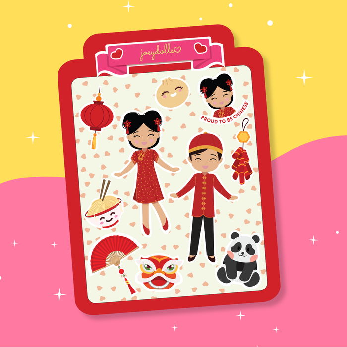 Chinese Cultural sticker sheet featuring  a girl wearing a red qipao and a boy wearing a red traditional outfit, along with Chinese cultural elements such as lanterns, fans, dumplings, a lion dance mask, a panda, and other festive icons, illustrated in a cute and playful style.