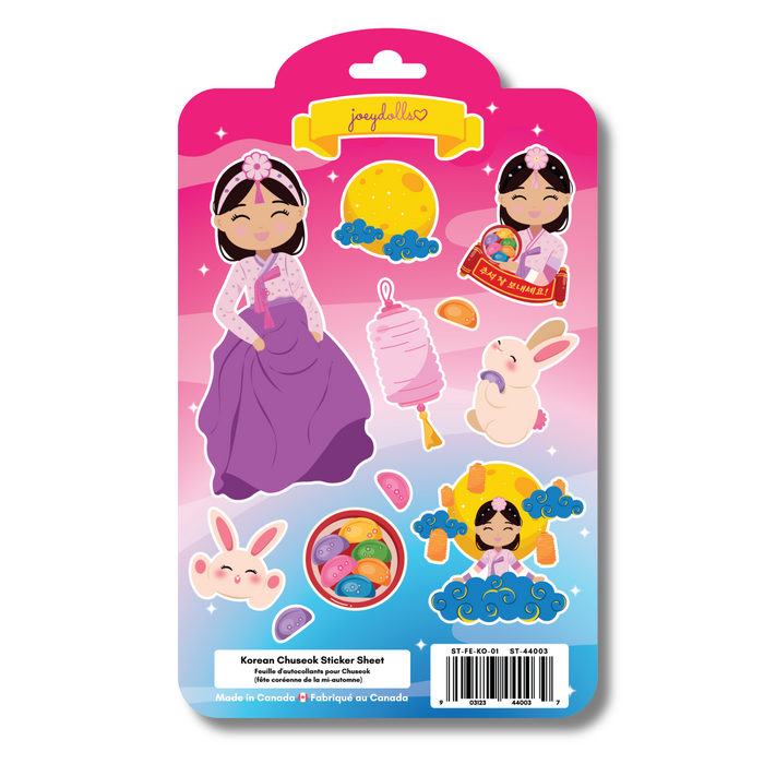 Korean Chuseok sticker sheet featuring a girl wearing a purple hanbok, along with traditional Chuseok elements such as songpyeon rice cakes, lanterns, rabbits, the harvest moon, and festive treats, illustrated in a cute and playful style.