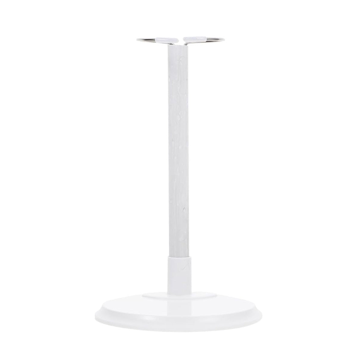 Doll stand featuring a white stand with a round base, vertical support, and a top holder to hold a doll upright.