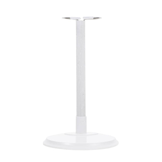 Doll stand featuring a white stand with a round base, vertical support, and a top holder to hold a doll upright.