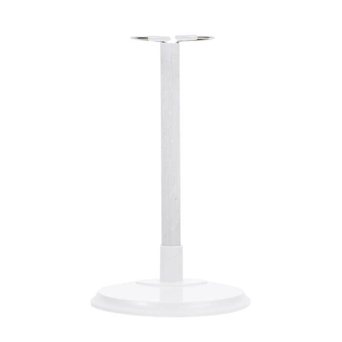 Doll stand featuring a white stand with a round base, vertical support, and a top holder to hold a doll upright.