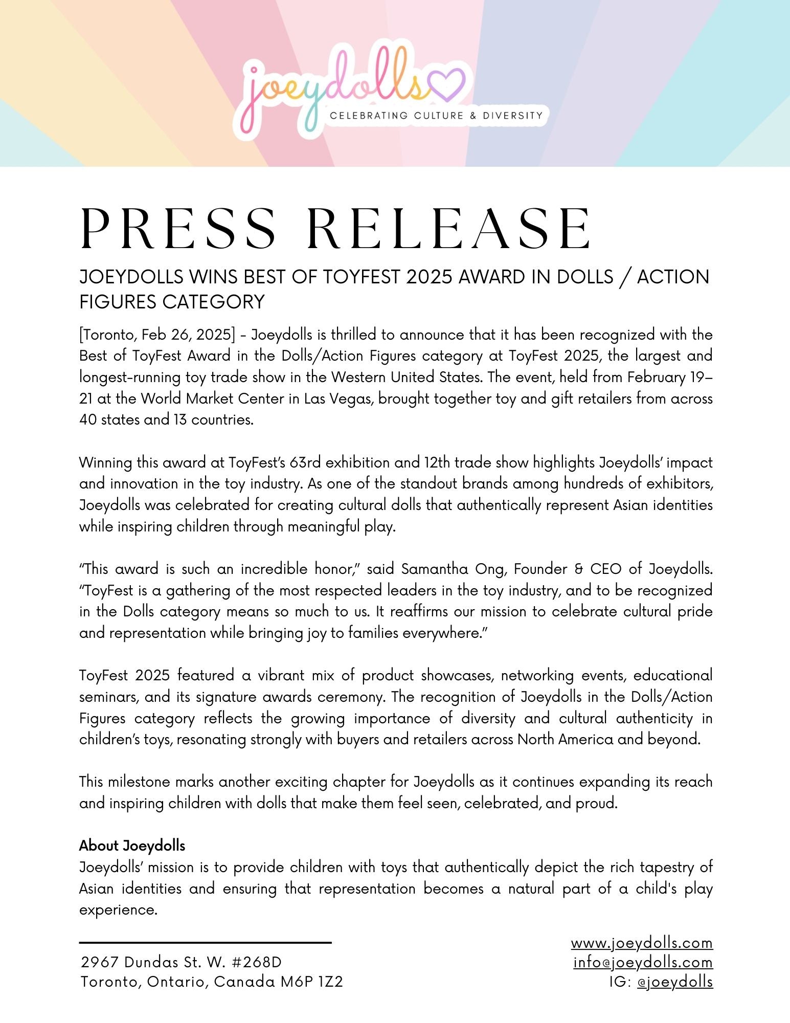 Press release for Joeydolls winning Best of ToyFest 2025 award in dolls/action figures category.