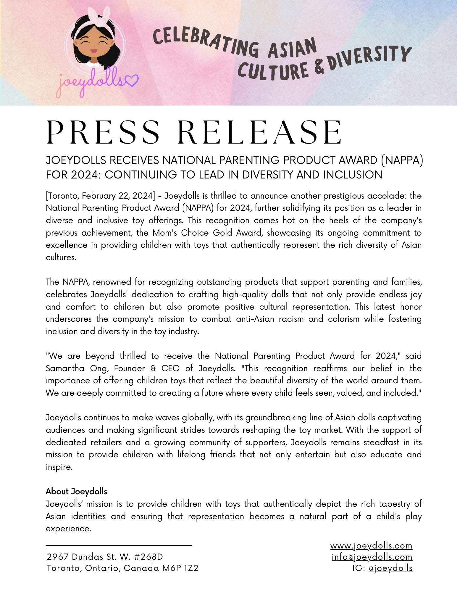 Press release about Joeydolls receiving a National Parenting Product Award for diversity and inclusion.
