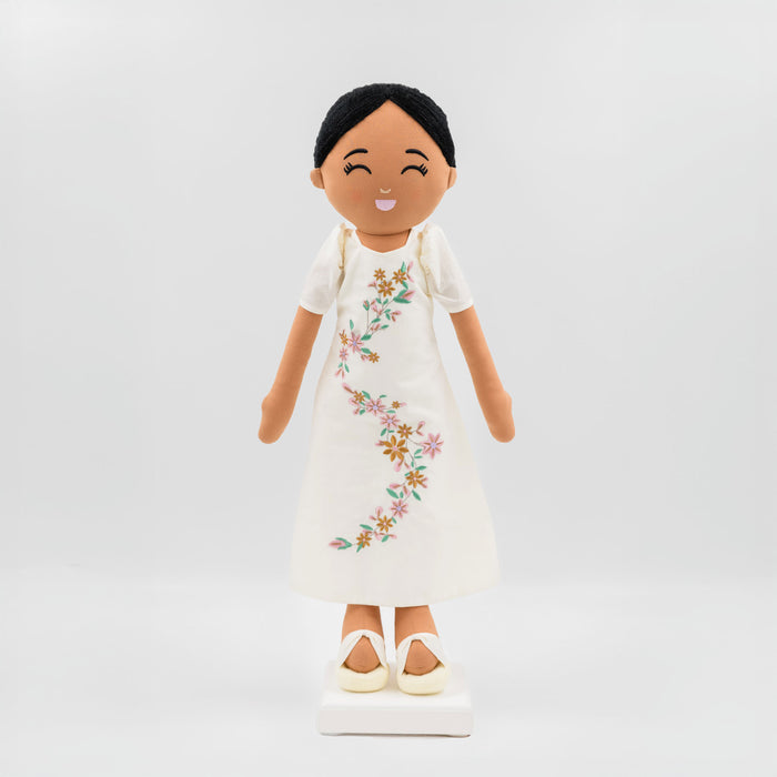 Malaya Filipina cultural doll wearing a traditional Filipiniana dress with butterfly sleeves.