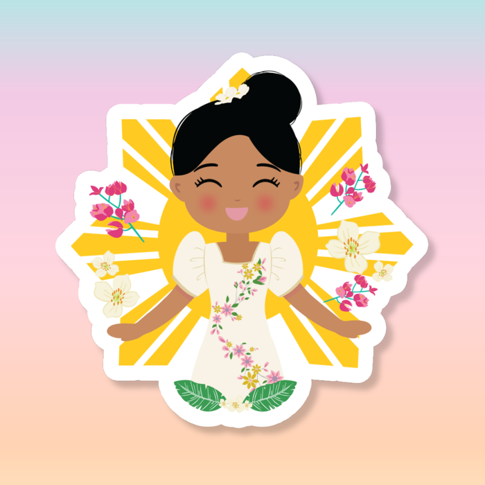 Filipina Cultural Celebration die-cut sticker featuring a smiling girl with her hair in a high bun adorned with sampaguita flowers, wearing a Filipiniana dress, set against a Filipino sun background with floral elements.