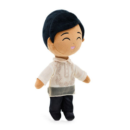 Full front view of a Filipino boy plush doll dressed in a traditional cream Barong Tagalog-inspired shirt and black pants, smiling with embroidered facial features.