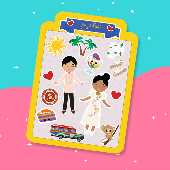Filipino Cultural sticker sheet featuring a girl wearing a Filipiniana dress and a boy wearing a barong Tagalog, along with Filipino cultural elements such as a jeepney, traditional food, a Filipino sun, tropical scenery, and other festive icons, illustrated in a cute and playful style.