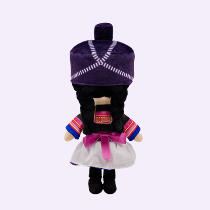 Back view of Joeydolls Maiv Hmong doll showing her braids and head wrap