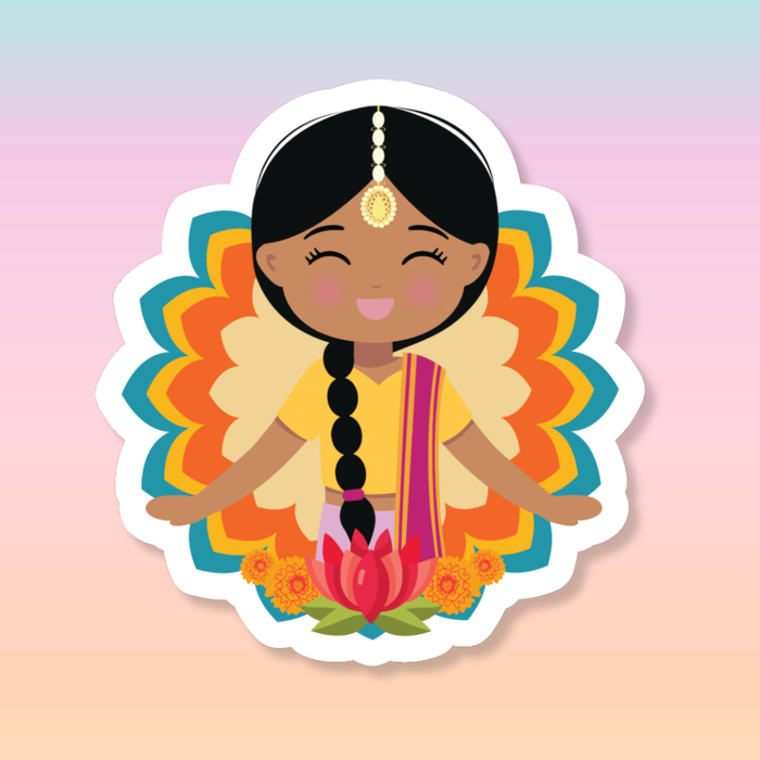 Indian Cultural Celebration die-cut sticker featuring a smiling girl with long black braided hair adorned with a gold maang tikka, wearing a yellow lehenga with a pink dupatta, set against a vibrant layered floral background with a lotus flower at the bottom.