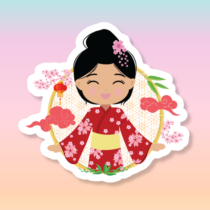 Japanese Cultural Celebration die-cut sticker featuring a smiling girl with her hair in a high bun adorned with a pink flower, wearing a red sakura-patterned yukata paired with a yellow obi sash, set against a circular background with cherry blossoms and traditional elements.