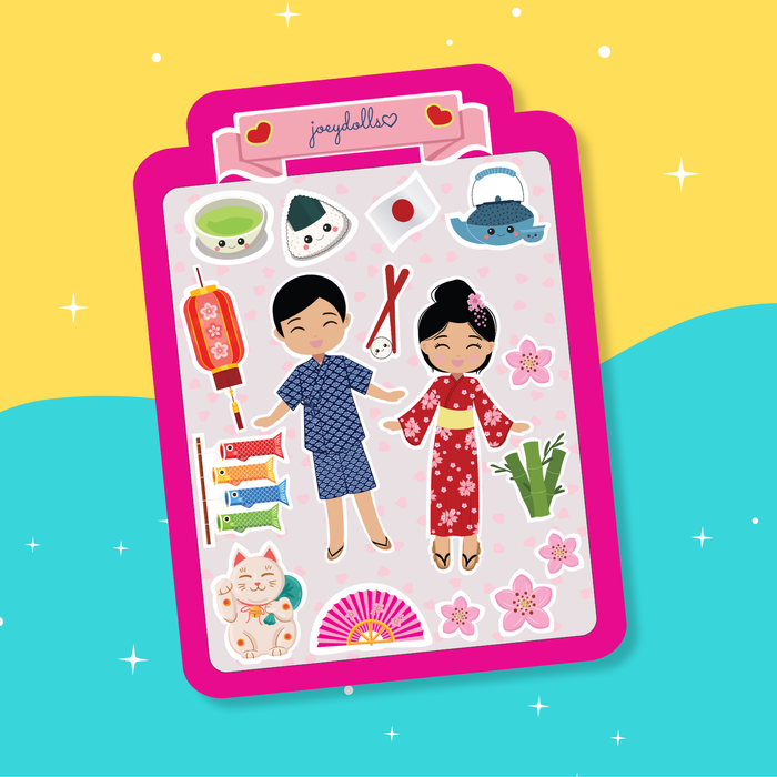 Japanese Cultural sticker sheet featuring a girl wearing a red sakura-patterned yukata and a boy wearing a blue patterned yukata, along with Japanese cultural elements such as cherry blossoms, fans, lanterns, tea, sushi, and other festive icons, illustrated in a cute and playful style.
