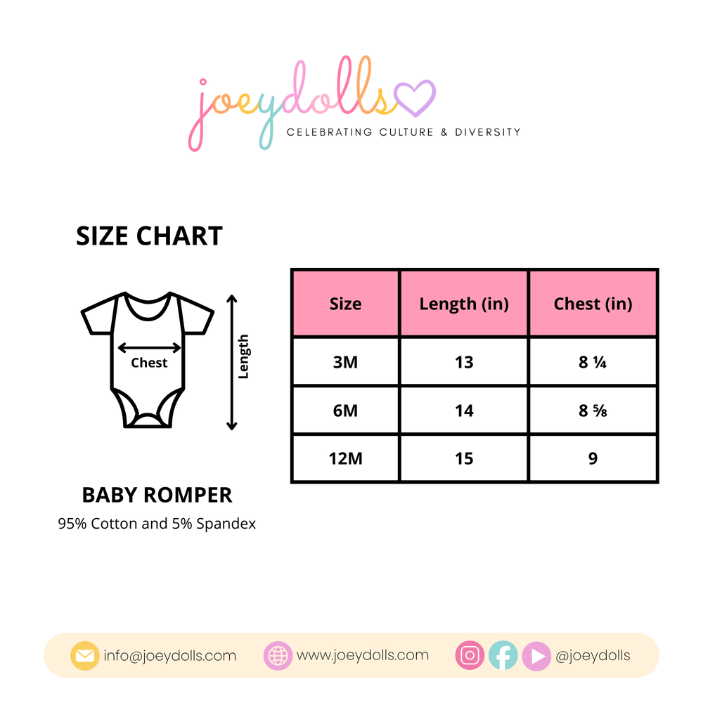 Proudly Asian baby onesie size chart showing measurements and size options for babies.