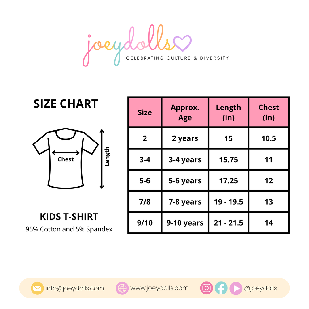 Size chart for kids t-shirt showing sizes, approximate age, length in inches, and chest measurements, with material listed as 95% cotton and 5% spandex
