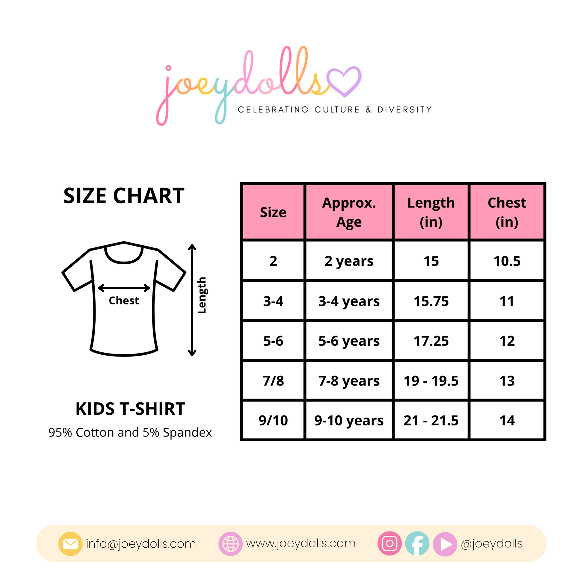 Size chart for kids t-shirts by Joeydolls on a white background