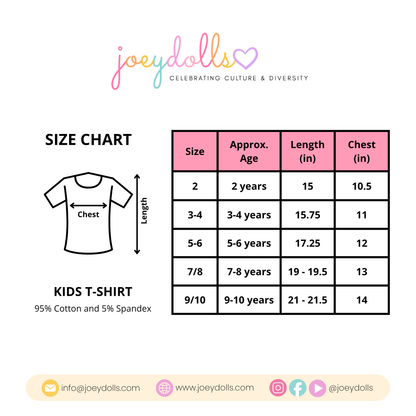 Size chart for kids t-shirts by Joeydolls on a white background