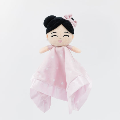 Jasmine baby security blanket in soft pink fabric with a plush doll head and gentle design