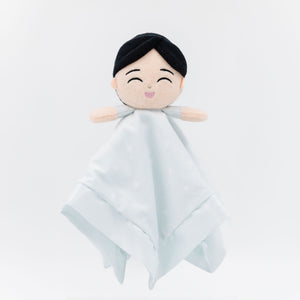 Kai baby security blanket in soft blue fabric with a plush doll head and gentle design