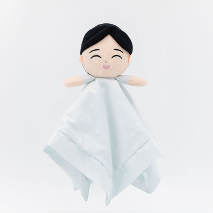 Kai baby security blanket in soft blue fabric with a plush doll head and gentle design