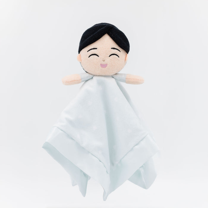 Kai baby security blanket in soft blue fabric with a plush doll head and gentle design