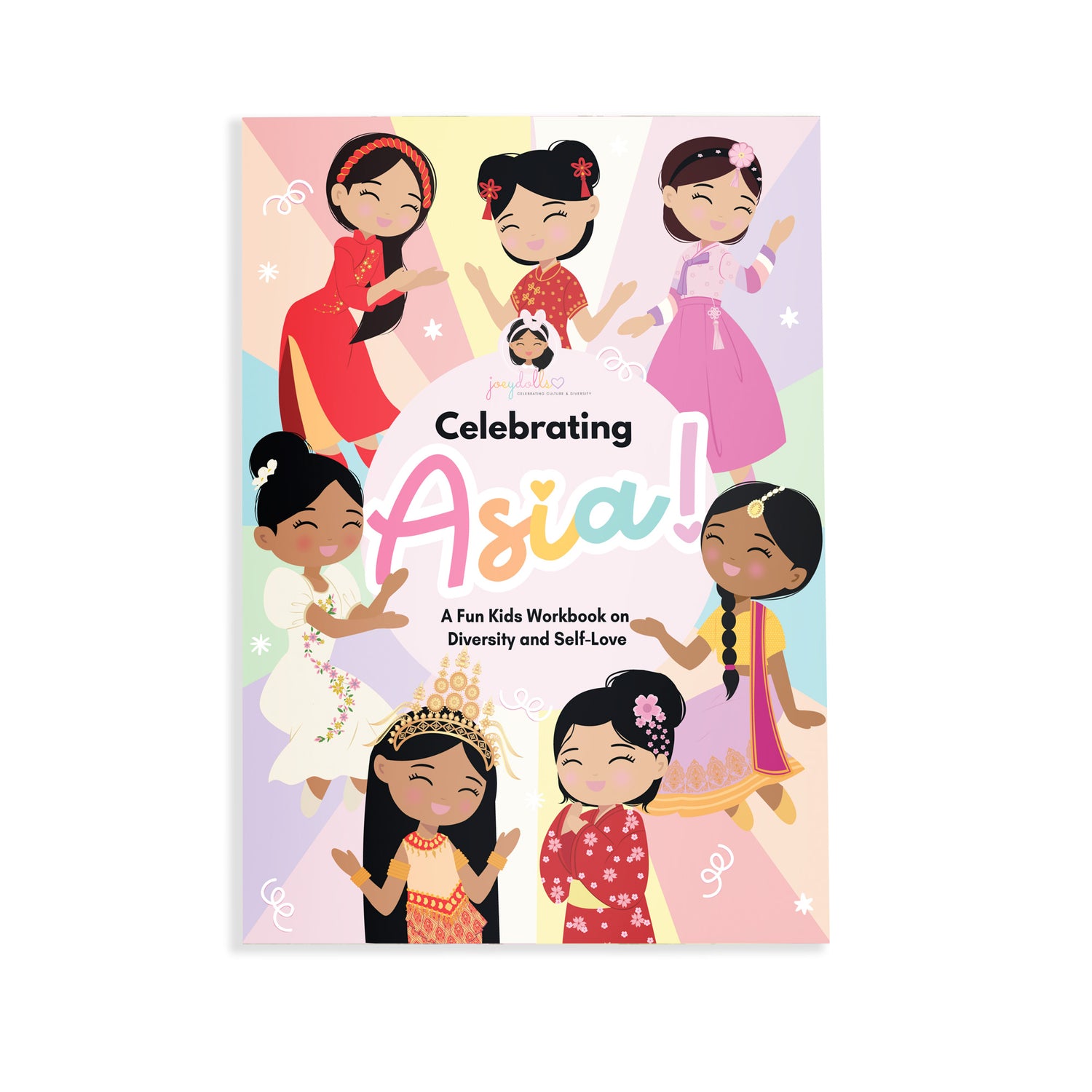 Joeydolls Celebrating Asia activity book cover featuring diverse Asian characters in colorful traditional outfits