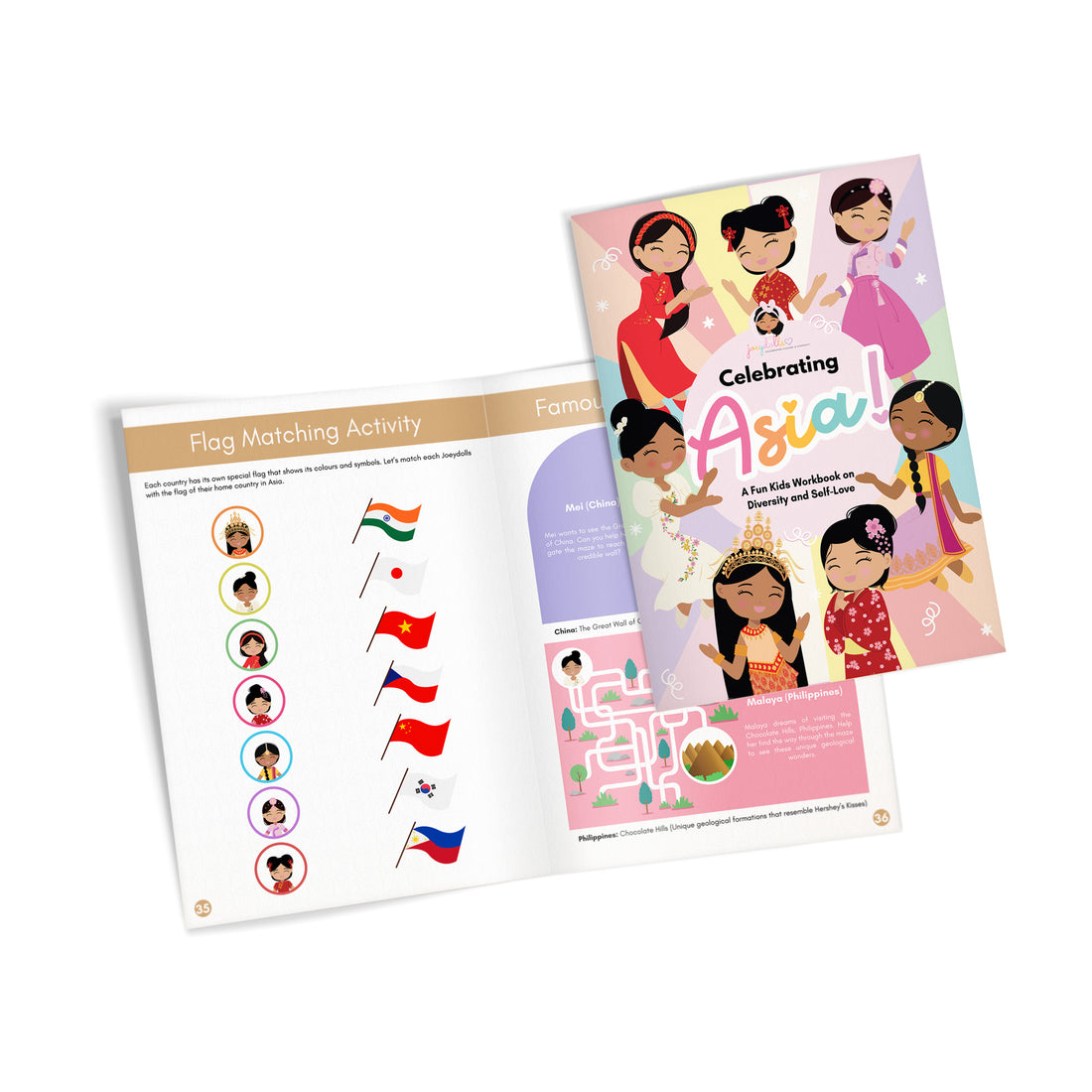 Open activity book pages showing a flag matching game and diverse characters from Asian cultures