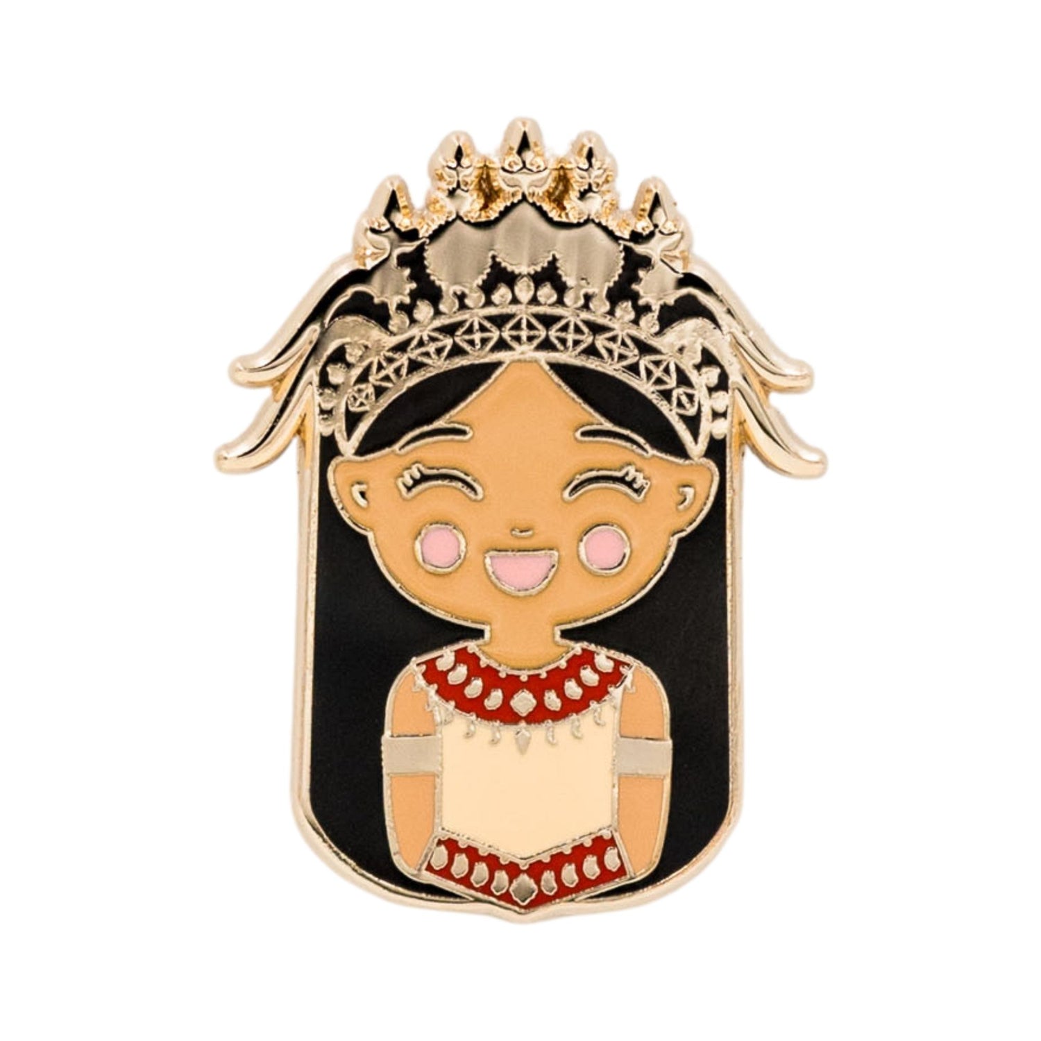 Joeydolls Cambodian Soriya enamel pin featuring a smiling character wearing a traditional Cambodian outfit and a mokot ksatrey crown.