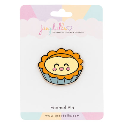 Dàn Tǎ Chinese egg tart enamel pin displayed on a Joeydolls card, featuring a smiling egg tart with a golden crust and custard filling.