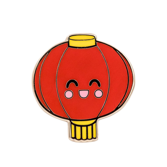 Dēnglóng Chinese lantern enamel pin featuring a smiling red lantern with yellow accents.