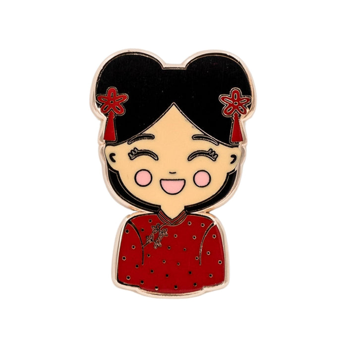 Joeydolls Chinese Mei enamel pin featuring a smiling girl character wearing a traditional red qipao with floral details and hair styled in buns with red accessories.