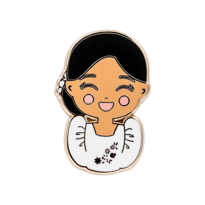 Joeydolls Filipina Malaya enamel pin featuring a smiling girl character wearing a traditional Filipiniana dress with butterfly sleeves and floral embroidery.