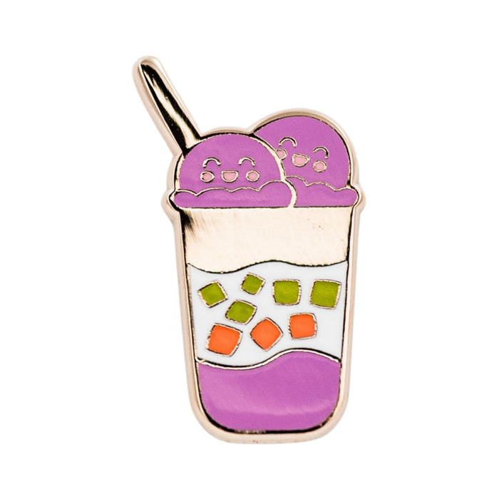 Halo-halo Filipino shaved ice dessert enamel pin featuring two smiling scoops of purple ice cream on top of shaved ice, with ube at the bottom and colorful toppings.