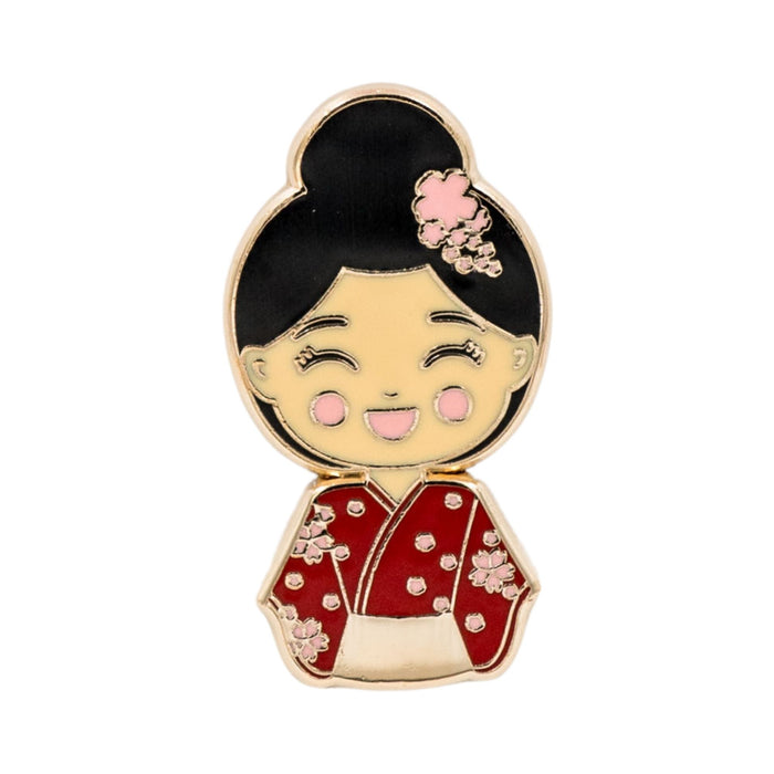 Joeydolls Japanese Aiko gold enamel pin featuring a smiling girl wearing a red floral traditional Japanese-style outfit with a hair accessory and a bun hairstyle.