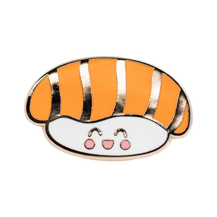 Nigiri Japanese sushi enamel pin featuring a smiling salmon nigiri over white rice.