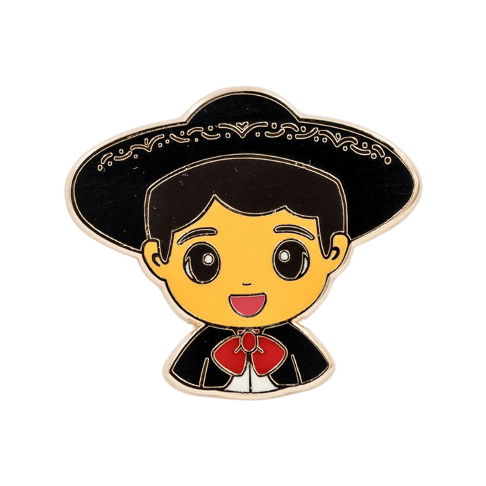 Joeydolls Mexican Mateo gold enamel pin featuring a smiling boy wearing a traditional black mariachi suit and hat with a red bow tie.