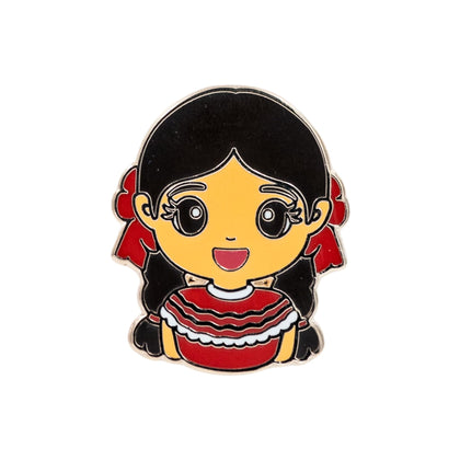 Joeydolls Mexican Xochitl gold enamel pin featuring a smiling girl with braided pigtails tied with red ribbons, wearing a traditional red Jalisco folklórico.