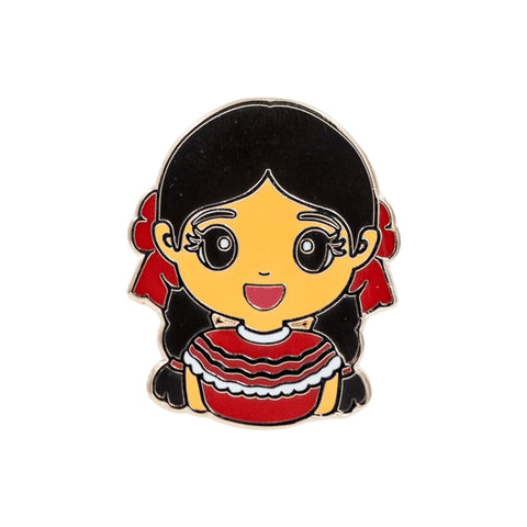 Joeydolls Mexican Xochitl gold enamel pin featuring a smiling girl with braided pigtails tied with red ribbons, wearing a traditional red Jalisco folklórico.