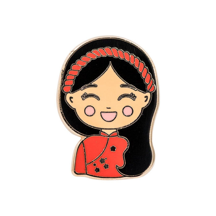 Joeydolls Vietnamese Hoa gold enamel pin featuring a smiling girl wearing a red áo dài with floral details and a khăn đóng headpiece.