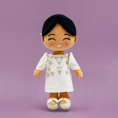 Malaya Filipina cultural mini doll wearing a Filipiniana dress with butterfly sleeves.
