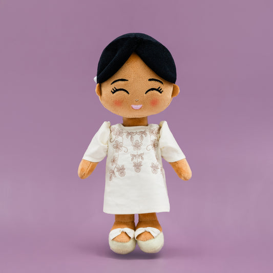 Malaya Filipina cultural mini doll wearing a Filipiniana dress with butterfly sleeves.