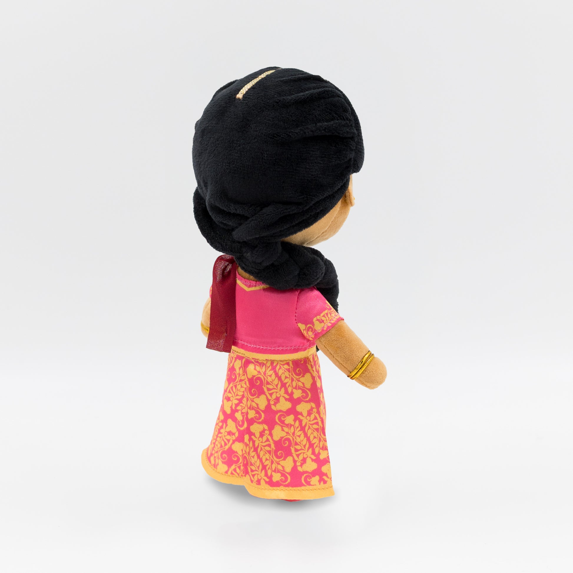 Back of Priya, the Indian mini doll, highlighting her long black braid and detailed saree design — a screen-free cultural toy for early childhood learning.