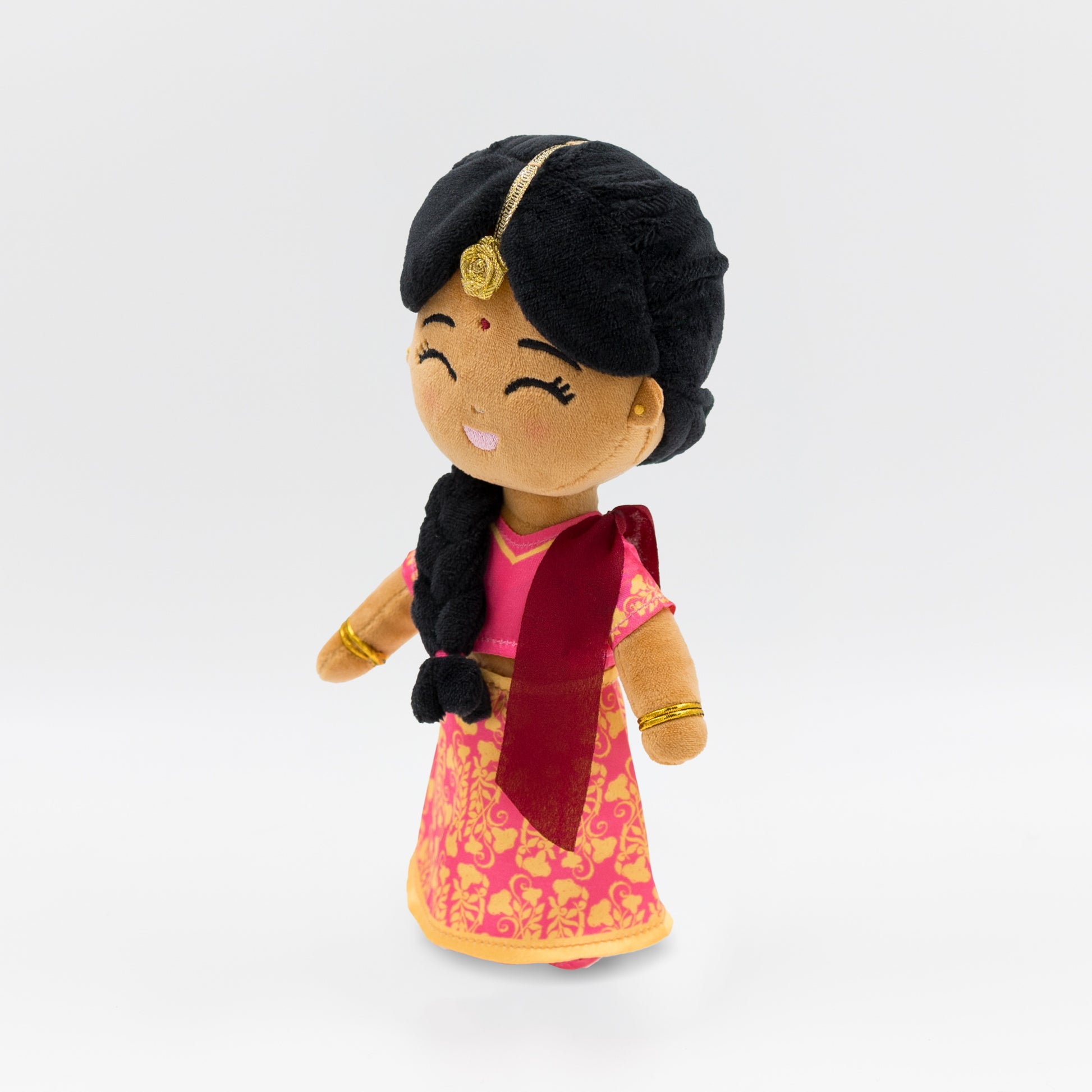 Right side view of Priya, the Indian representation doll, featuring a soft fabric saree, gold bangle details, and stitched facial features — ideal for inclusive play.