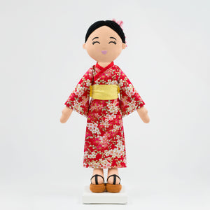 Joeydolls Aiko, an 18-inch Japanese doll in a red kimono with a yellow obi