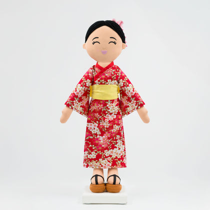Joeydolls Aiko, an 18-inch Japanese doll in a red kimono with a yellow obi