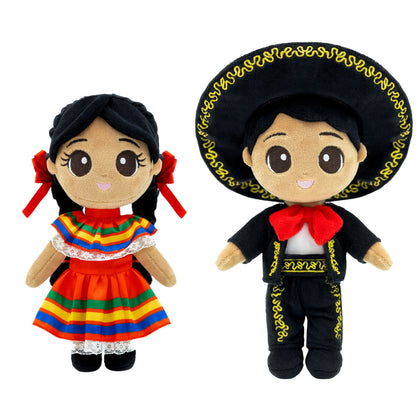 Mexican Cultural Doll Bundle featuring Mateo and Xochitl in folklórico dress and mariachi-inspired outfit