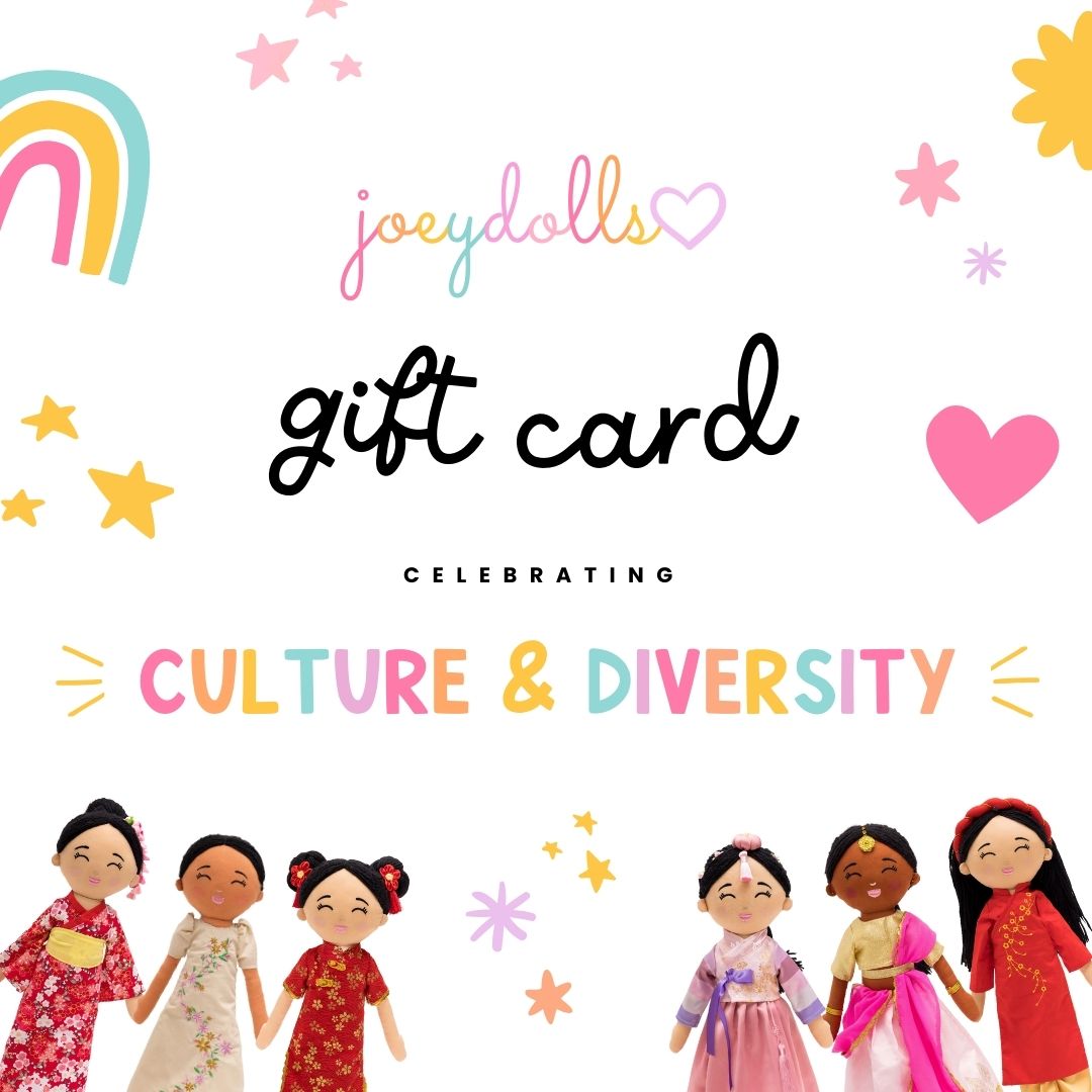 Joeydolls digital gift card design featuring colorful illustrations and the message “celebrating culture and diversity”
